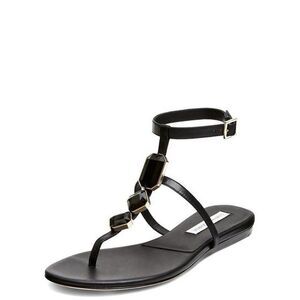 Diane von Furstenberg Black T-Strap Leather Sandals Gem Detail Size 9